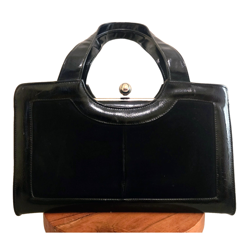 Vintage MOD 1960s A NATURALIZER HAND BAG PURSE Patent Suede Black - Picture 2 of 9